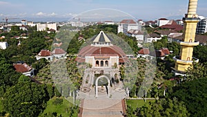 Yogyakarta, Indonesia - November 29, 2022 : Aerial view of Gadjah Mada University Mosque. quiet, peaceful atmosphere on a sunny