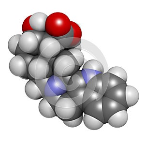 Yohimbine alkaloid molecule, 3D rendering. Used as aphrodisiac drug. Atoms are represented as spheres with conventional color.