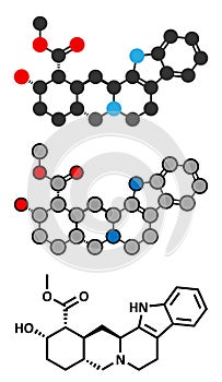 Yohimbine alkaloid molecule. Used as aphrodisiac drug. Stylized 2D renderings and conventional skeletal formula.