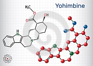 Yohimbine, yohimbe , quebrachine molecule. It is aphrodisiac, plant alkaloid. Structural chemical formula and molecule model. Shee