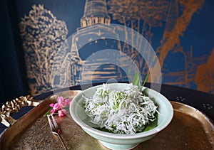 Yok Manee - Thailand authentic dessert made from green sago and coated with coconut flake