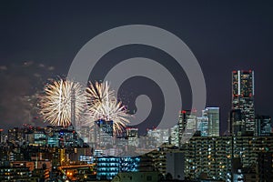 Yokohama skyline and fireworks Minato Mirai smart Festival