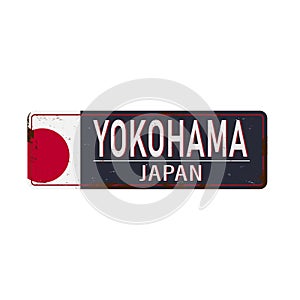 Yokohama Vintage metal sign with Japan city. Travel souvenir on grunge damaged background.