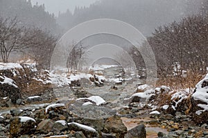 The Yokoyu River flows through mountain rocks