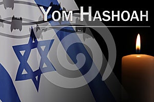 Yom Hashoah. Burning candle and flag of Israel, double exposure
