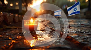 Yom HaZikaron theme, a single candle lit in a small glass, placed on a stone surface with the backdrop of a waving