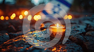 Yom HaZikaron theme, a single candle lit in a small glass, placed on a stone surface with the backdrop of a waving