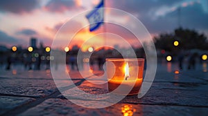 Yom HaZikaron theme, a single candle lit in a small glass, placed on a stone surface with the backdrop of a waving