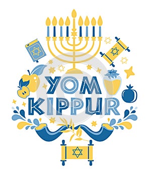 Yom Kippur greeting card with candles, apples and shofar and sybols. Jewish holiday background. Vector illustration on photo