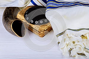 Yom Kippur, Rosh Hashanah Hashana jewish New Year, Shemini Atzeret Shmini Atzeret and Simchat Torah holiday concept with shofar tr photo