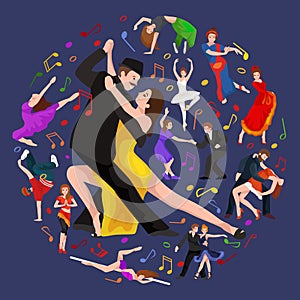 Yong couple man and woman dancing tango with passion, dancers vector illustration isolated