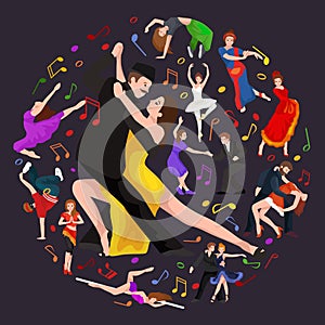 Yong couple man and woman dancing tango with passion, tango dancers vector illustration isolated