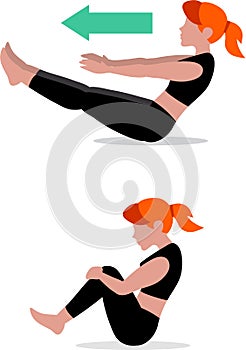 Yong girl doing yoga exersise flat cartoon set. Simple vector illustration of beautiful female fitness workout. Pilates