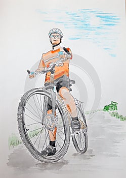 Yong man with bicycle - drawn graphic and watercolor artistic illustration