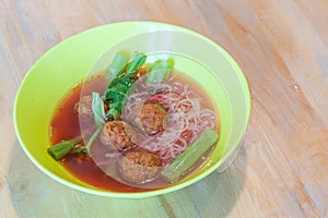 Yong Tau Foo noodles is the Hakka Chinese food soup and red sauce with egg noodles, shrimp meatball