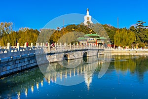 Yongan Bridge Buddhist White Stupa Beihai Lake Park Beijing Chin