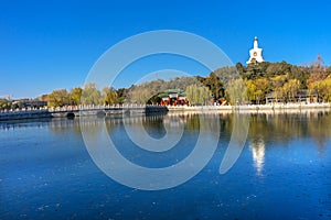 Yongan Bridge Buddhist White Stupa Beihai Lake Park Beijing Chin