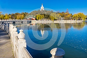 Yongan Bridge Buddhist White Stupa Beihai Lake Park Beijing Chin