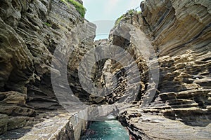 Yongmeori Coastal Walk on Jeju Island, South Korea. Rough Geological Formation Made with Erosion