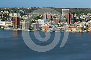 Yonkers, NY / United States - May 2, 2020: Landscape view of Yonkers along the Hudson River at Sunset