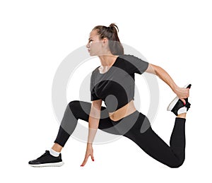 Yoong woman doing stretching excersises isolated on white background