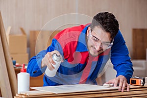 The yooung repairman carpenter working with paint painting