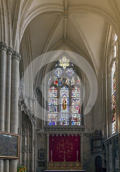 Medieval stained glass on east window of All Saints chapel inside cathedral of York Minster in City of York, England, UK