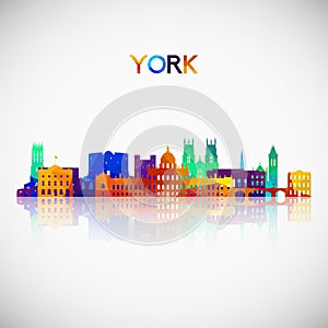 York UK skyline silhouette in colorful geometric style.