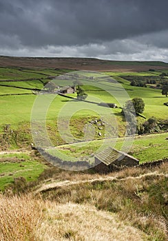 Yorkshire dales stone shepherd hut above valley