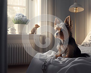 Yorkshire dog sitting on the bad in light bedroom. Ai generated