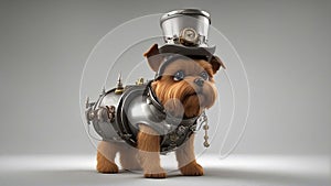 yorkshire terrier in a cap _A steampunk cute dog with party hat and birthday cake. The dog is a scientific experiment