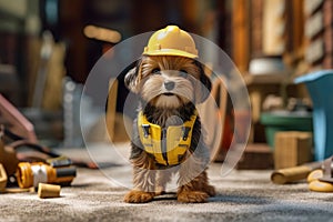 Yorkshire terrier in a construction worker costume with a yellow hard hat and tool belt. Generative AI