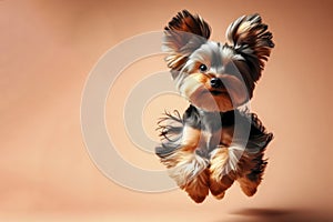 Yorkshire Terrier Dog Jumping on color Background. ai generative