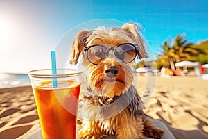 Yorkshire terrier dog is relaxing on the beach with a cocktail. Resort holiday concept with pets. Generative AI