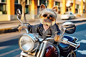 Yorkshire Terrier dog riding a motorcycle in a biker jacket and black glasses. The concept of biker movement and bike lovers