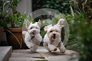 Yorkshire Terrier dog running in the garden,selective focus, Two cute small dogs playing and running in a green garden, AI
