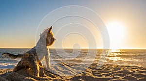 Yorkshire Terrier dog standing on sandy beach at sunset looking over the ocean.