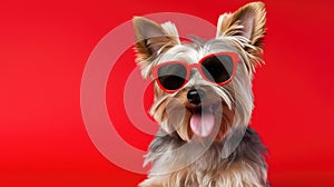Yorkshire Terrier Dog With Sunglasses Red Background. Generative AI
