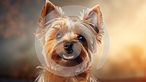 Yorkshire Terrier dog. Yorkshire Terrier dog portrait close up. Horizontal banner poster background. Copy space. Photo texture AI