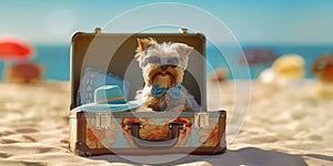Yorkshire Terrier dogs Beach Adventure Opened Suitcase and Stylish Sunglasses - travel and vacations concept. Generative AI
