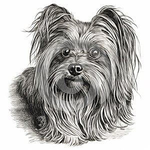 Yorkshire terrier, engaving style, close-up portrait, black and white drawing photo