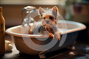 Yorkshire Terrier in a freestanding bathtub. Yorkie taking shower. Dog\'s bathing. Generative AI