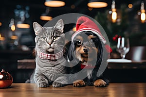 Yorkshire terrier in a hat and a cat in a scarf in a bar with a Christmas atmosphere, postcard