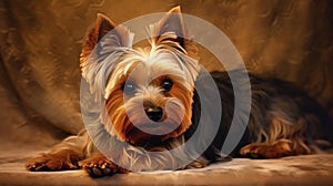 Yorkshire Terrier lying on a brown background. Portrait