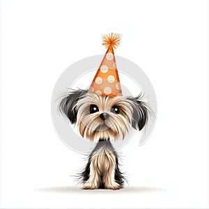 Yorkshire Terrier in party hat white background