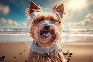 Yorkshire Terrier Pleasant Pet Playtime at the Sea Sand Sun Beach, A Dog Savoring the Simple Joys