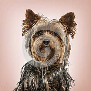 Yorkshire terrier portrait against pink background