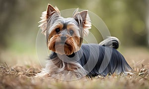 Yorkshire Terrier portrait outdoors in a field on a sunny day