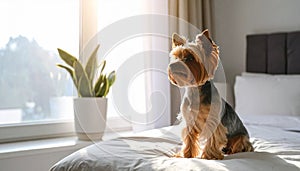 Yorkshire Terrier in upper right corner on white background