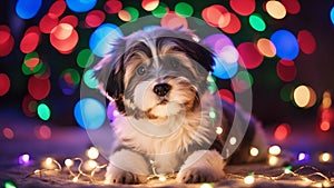 yorkshire terrier puppy A humorous Christmas snapshot of a Havanese puppy dog tangled in colorful string lights,